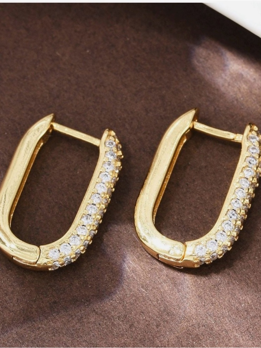 Hoop Earrings 18K Gold Plated Oval Cubic Zirconia 0.71 in Micro Pave Clear E63